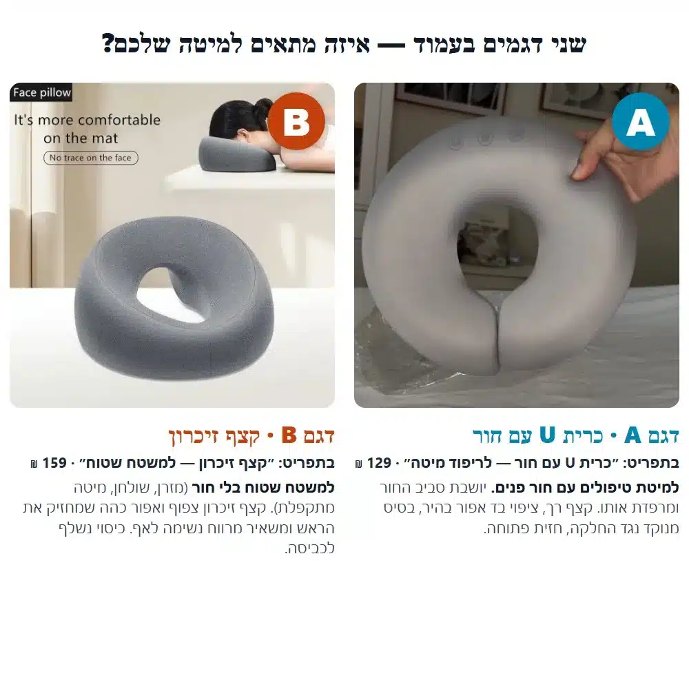 השוואה בין שני הדגמים: דגם A כרית U עם חור לריפוד חור הפנים במיטה, דגם B קצף זיכרון למשטח שטוח