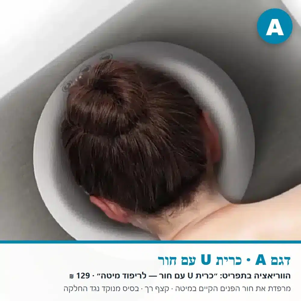 כרית פנים למיטת טיפולים — דגם A בשימוש דגם A: כרית U עם חור בשימוש, ראש מונח בכרית על מיטת טיפולים